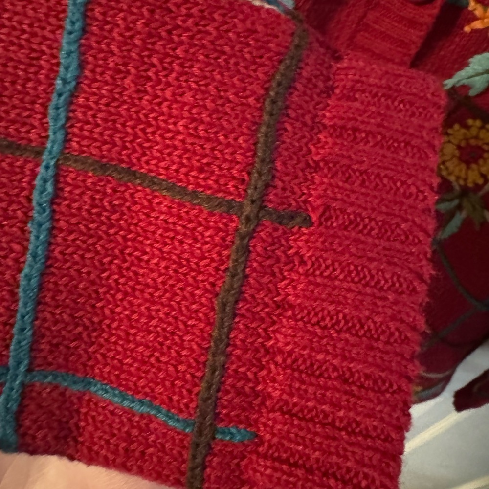 Alfred Dunner Red Floral Embroidered Plaid Button Up Knit Cardigan Grannycore LG - Picture 7 of 11